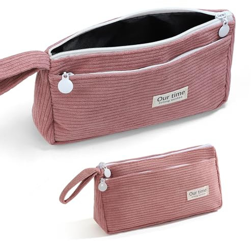 MHwan Trousse Double Compartiment, Trousse Scolaire Simple de Style Rétro avec Poignée, Facile à Transporter, Idéale pour lÉcole, Les Filles, Les Garçons, Les Enfants et Les Adultes (Rose)