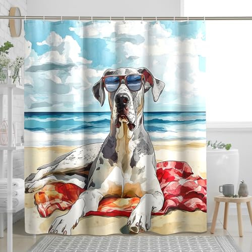 Fun Great Dane Dog Shower Curtain, Summer Watercolor Beaches Chien Shower Curtains for Bathroom, Puppy Print Bath Decor Accessories Set -62 * 72