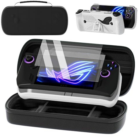 QUAGGY Tasche für ROG Ally X 2024, Silikonhülle Anti-Rutsch Textur Protective Hülle mit [2X Schutzfolie] Portable Harte Schutzhülle, Große Tragetasche, ideal für Ladegerät, Schwarz
