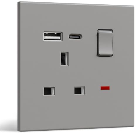 BSEED Single Socket with USB C, Electrical Single Switched Power Plug Wall Socket with LED Indicator, PC Wall Plate Outlet, Grey, 13A
