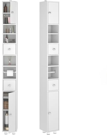 Songvas Meuble de Salle de Bain Étroit, Meuble Colonne Rangement avec 2 Tiroirs, Compartiments, Étagères Réglables, Porte-Papier Toilette, Colonne Salle de Bain Haute, 20 x 20 x 180 cm, Blanc