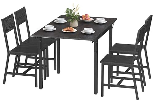 VASAGLE Klappbarer Esstisch mit 4 Stühlen, Essgruppe, für Wohnzimmer, Küche, Stahlgestell, einfacher Aufbau, ebenholzschwarz-anthrazitgrau-tintenschwarz KDT077B03-02