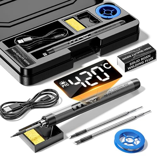 YOZAIUUI Cordless Soldering Iron Kit - Adjustable Temperature LCD Pen | Rechargeable 1000mAh USB Solder Tool with 260 to 420C Range and 3 Tips for Electronics Repair and DIY