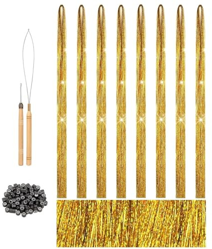Touosy 2400 Hair Tinsel, 120cm Glitzer Haarsträhnen mit Werkzeug und Zubehör, Haar Lametta zum Flechten für Haare Festival Party Haar Glitzer Tinsel Fairy Hair Cosplay Zubehör (Gold)