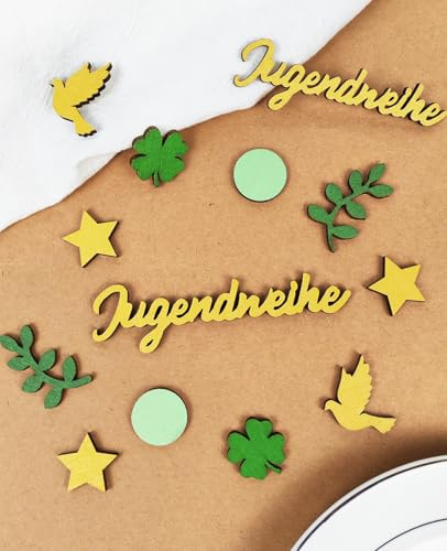 Holz Jugendweihe Deko Konfetti, 60 Stück Tischdeko zur Jugendweihe, Gold Grün Eukalyptusblatt Stern Taube Kleeblatt – für Mädchen Junge Party Dekoration