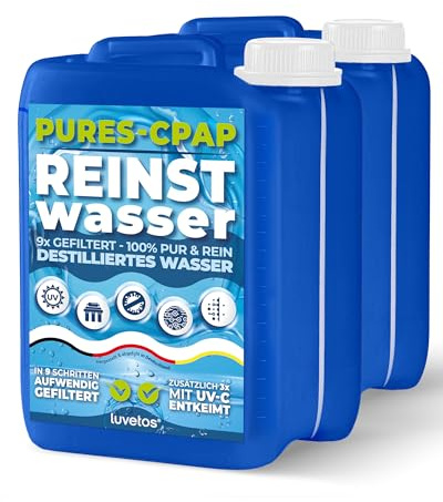 Luvetos 1x 10L CPAP Wasser 100% Reinstwasser Pure Water in Kanister | | mehrfach gefiltertes Destilliertes Wasser, 3x UV C behandelt für CPAP, Vernebler, Luftbefeuchter, Kosmetik DIY Rezepturen
