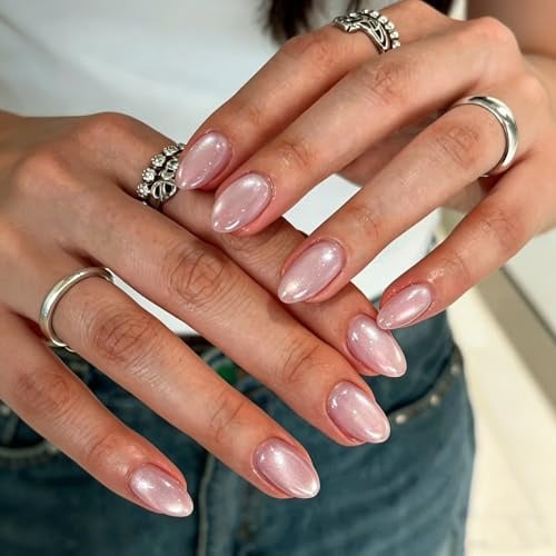KQueenst Cat Eye Pastel Pink Press on Nails Short Oval, Chrome False Nails with a Sparkle Finish, Glazed Gel Glue on Nails Press Ons Short, Cute Design, 30 Pcs 15 Sizes Reusable Thick Nail Set