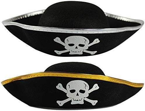 com-four® 2x Piratenhut mit Totenschädel - Hut für Kinder und Erwachsene mit silberfarbener + goldfarbener Krempe - Kostüm für Fasching, Karneval, Halloween (02 Stück - Pirat goldfarben/silberfarben)