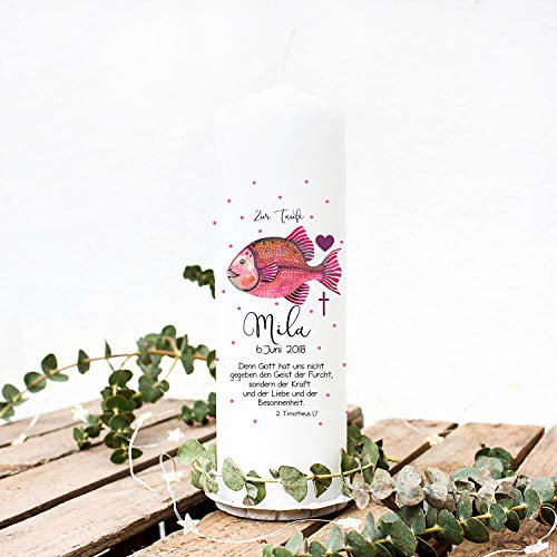 Taufkerze Kerze zur Taufe oder Geburt Kommunionkerze Fisch pink Spruch Wunschname & Datum wk82 ilka parey wandtattoo-welt®