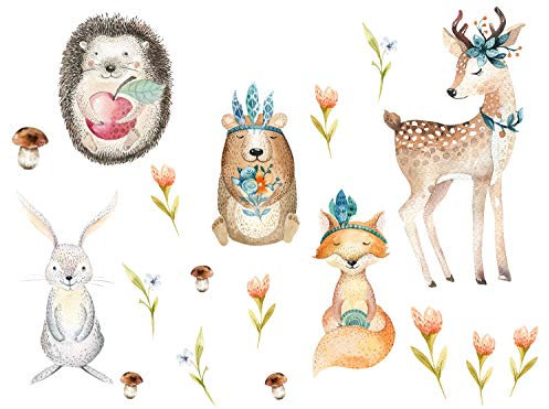 GRAZDesign Wandtattoo Waldtiere Reh, Igel Fuchs | Kinderzimmer Babyzimmer Deko Jungen und Mädchen | Baby Aufkleber | türkis, Aquarell Farben, als Set 57x80cm - Set Waldtiere