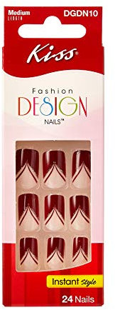 Kiss (1) Box Fashion Design Nails 24pc Glue-On Nails Instant Style - Burgundy with Natural Triangle & Chevron Design - Medium Length Square Shape - #DGDB10