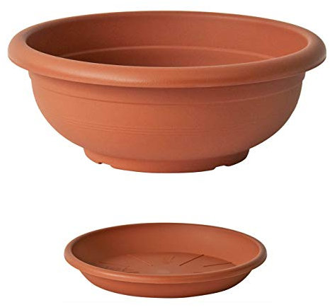 Euro3plast Olimpo Blumenschale mit Untersetzer in rund 20, 25, 30, 35, 40, 45, 50, 60 cm in Anthrazit Terra Taupe (60 cm, Terrakotta)