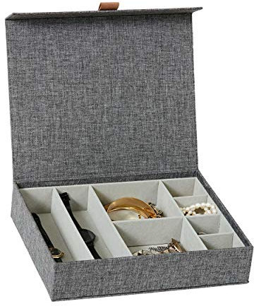 LOVE IT STORE IT Premium Aufbewahrungsbox für Schmuck - Schmuckkästchen aus Leinen, innen Samt - Verstärkt mit Holz - Mit 8 Fächern - Grau - 27x22x6 cm