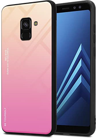 cadorabo Housse Compatible avec Samsung Galaxy A8 2018 en Jaune - Rose - Coque de Protection Bicolore en Silicone TPU et Dos en Verre trempé