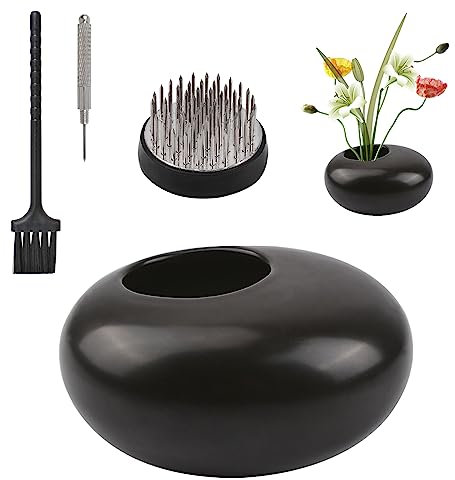WANDIC Ikebana Schale Japanisch, Runde Blumen Frösche und Blumentöpfe aus Keramik, Glänzend, Schwarze Kieselsteine, Blumentöpfe für Blumenarrangements, Blumenkunst, Home Office, Deko Objekte