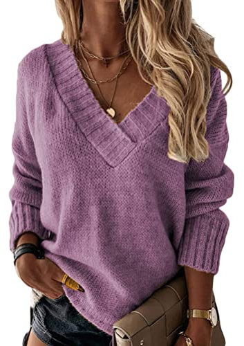 Minetom Femme Pull en Tricot Col en V Pullover Couleur Unie Léger Casual Manches Longues Pull Tricoté Chaud Hauts Chandail Automne Hiver A Violet XL