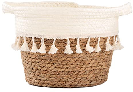 Closer2Nature Natural Tassel Storage Basket - Superb Wicker Baskets With White Woven Tassel PomPom; Excellent as Gift, or Cupboard Organiser, Bathroom Storage and Indoor Plant Pot - White