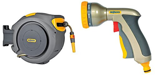 Hozelock 2401 0000 Auto Reel with 20 m Hose, Yellow/Grey & HOZELOCK Multi Plus Spray Gun, Multicolour