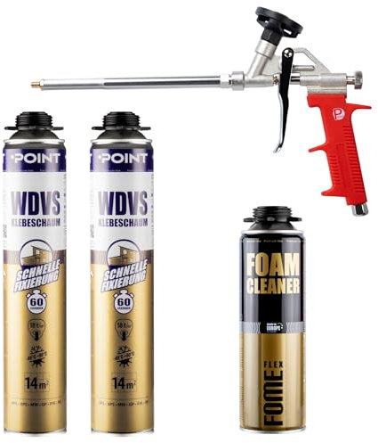 Dämmstoffkleber für EPS- & XPS-Platten | Klebeschaum-Set für Dämmung | Bauschaum |Perimeterkleber | 2x 850ml Pistolenschaum, PU-Schaumreiniger & 1 Schaumpistole (SET 3)