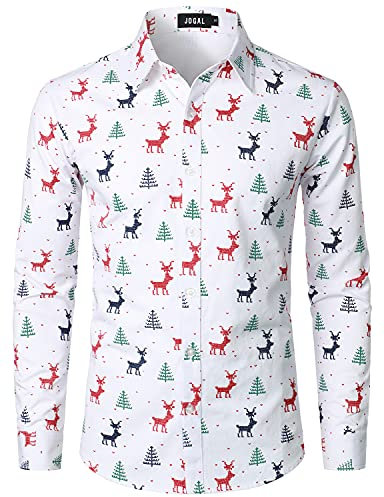 JOGAL Herren Funky Christmas Print Weihnachtsmann Hemd Langarm Button Up Freizeithemd Weiß Groß
