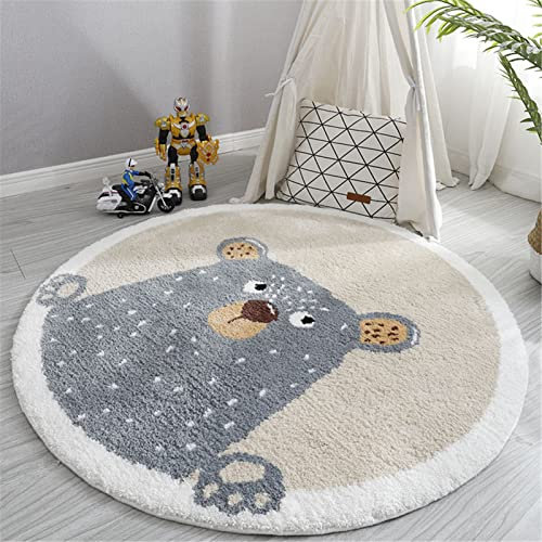 GLITZFAS Rund Kinderteppich, Flauschige Kinderteppich Cartoon-Tiere Runder Teppich Faux-Lamm Kurzflor Teppich für Kinderzimmer Mädchen Jungs (Grauer Bär,Durchmesser 120cm)