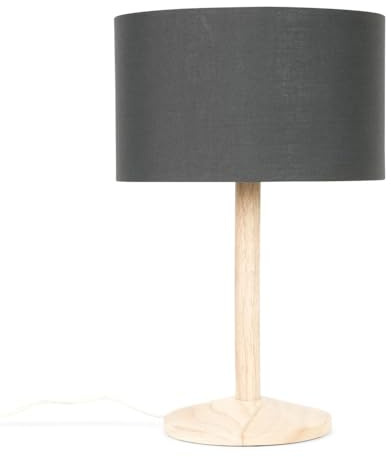MiniSun | Single Stem Natural Light Wood Table Lamp with a Dark Grey Drum Shade | Table Lamps, Home Décor & Improvement Essential | Includes Bulb [3000K Warm White]