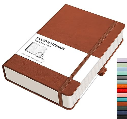 RETTACY Notizbuch A5 liniert - Dickes Tagebuch mit 320 nummerierten Seiten, 1 Rücktasche und hochwertigem Hardcover für Frauen und Männer im Büro oder in der Schule, 14,5 x 21 cm - Braun