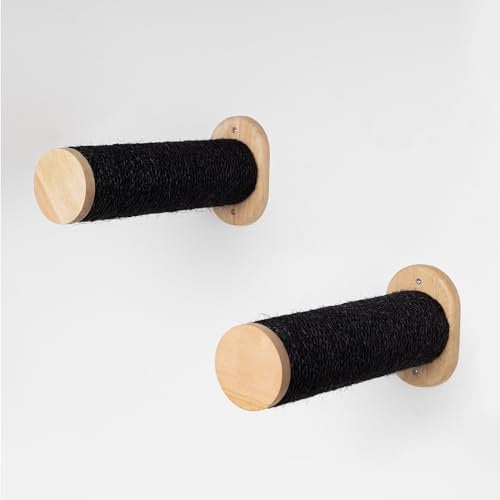RHRQuality kletterstufen Wandmöbel Kletterwand Katze Wand Sisalstammen Set 2 Stück (Bis 20KG) Wandmontage 9cmØ 33cm für große Katzen (Blackline)
