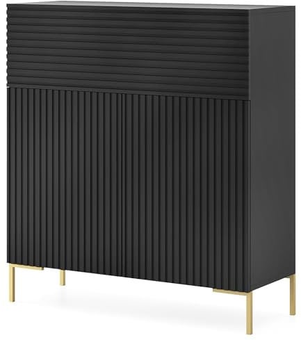Selsey Kommode Schrank Aufbewahrungsschrank 92 cm 3 Türen 5 Fächer Schwarz Goldene Beine Lammelo