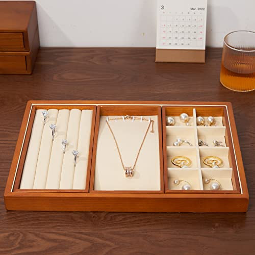 Oirlv Multifunctional Wooden Jewellery Tray Stackable Jewellery Storage Tray for Ring Earrings Bracelet Necklace Organiser and Display (Cream White)