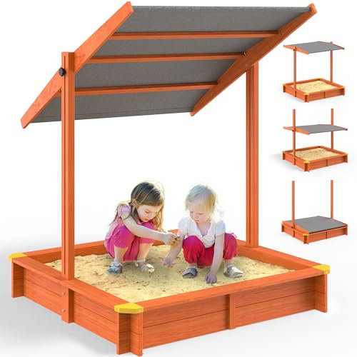 Spielwerk® Bac à Sable en Bois Max 140x140cm Tapis de Sol Toit réglable Protection UV 50+ Jeu pour Enfants extérieur Jardin