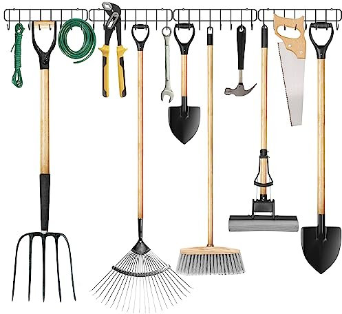Crenze Garden Tool Rack, 4-in-1 Gardening Tools Organizer Holder, Wall Mount Garage Storage Rack with Heavy Duty Hooks Storage Ladders, Ropes, Shovels, Rakes, Hoses for Home Kitchen Garden Garage
