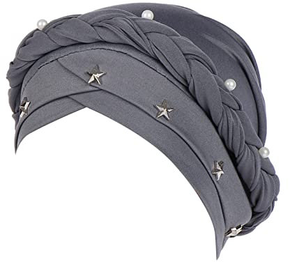 Kopftuch für Damen Hijab Muslim Damen Muslim Turban mit Perlen Dünne Leichte Unifarben Geflecht mit Einfachem Zöpfe Slouch Mütze Chemo-Kopfbedeckung Caps Wrap Headscarf Grey