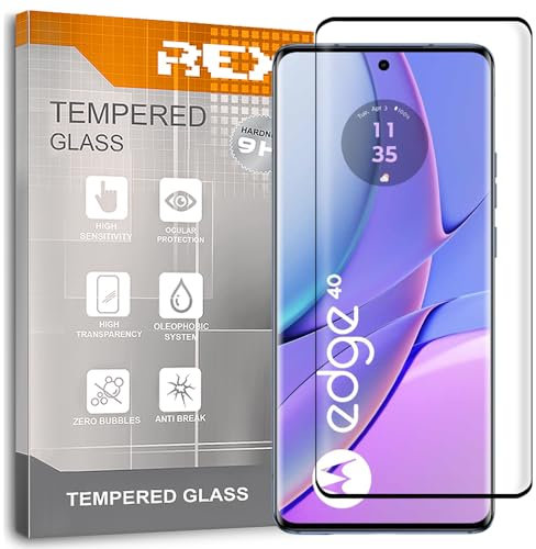 REY Protector de Pantalla Curvo para Motorola Moto Edge 40, Negro, Cristal Vidrio Templado Premium, 3D / 4D / 5D, Anti Roturas