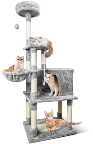 Nobleza Cat Tree 148cm, Árbol Rascador para Gatos Altura, Rascador para Gatos Grandes de Varias Capas, Nido Colgante para Gatos, 9 Postes de Sisal, Pelotas de Felpa, Gris