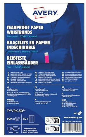 AVERY Zweckform TYVPK-50 Einlassbänder Tyvek 500 Stück (256x19mm, fortlaufend nummeriert, reiß- und wasserfest, sicherer Klebeverschluss, Eintrittsbänder, Event Armbänder, Securebänder) neonpink