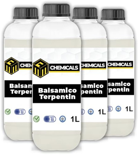 MRM CHEMICALS 4x Balsamterpentinöl 1L 1 Liter Lösungsmittel für Ölfarben, Terpentinöl für Ölmalerei, Reinigungsmittel Pinselreiniger, Lösen von Wachsen Paraffinen, Natürliches