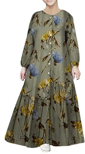 Hijab für Mädchen, Baumwolle, muslimische Kleidung, große Größe, Baumwolle, Leinen, lange Ärmel, modisch, locker, lässig, Blumenmuster, langes Kleid, Kleider für Damen, Party, lange Ärmel, grün, XL