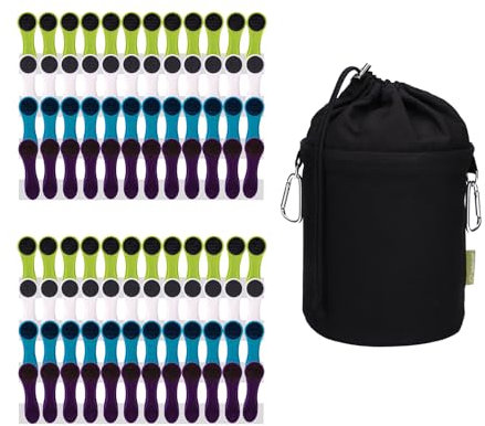 96 Wäscheklammern mit Spiralfedern Softgrip Blau Grün Weiß Lila Anthrazit und 1 bellaCott Wäscheklammerbeutel aus Canvas Schwarz