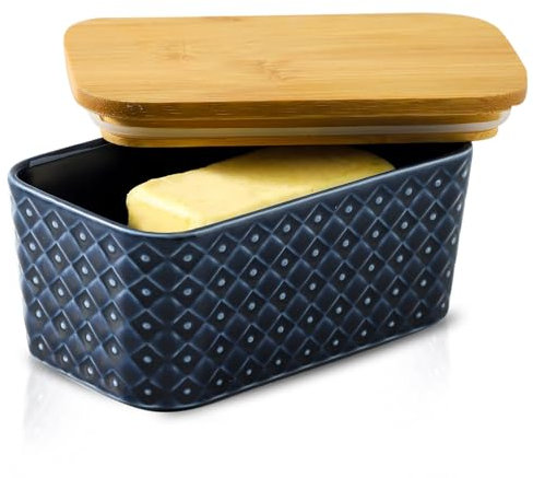 Tikooere Ceramic Butter Dish with Lid,Large Butter Container with Airtight Cover for Countertop or refrigerator,Farmhouse Butter Holder for Kitchen Gifts,Dishwasher Safe,Navy Blue Embossed Pattern