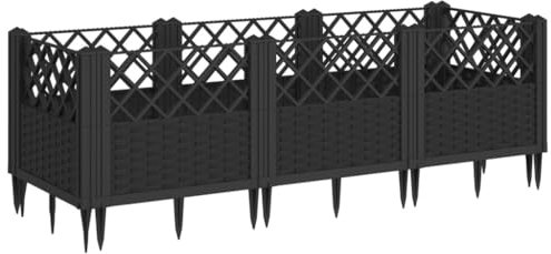 vidaXL Pflanzkasten mit Erdspießen, Modular Pflanzkübel mit Rattan-Optik, Blumenkübel für Außenbereich, Pflanzbeet Blumenbeet, Schwarz PP