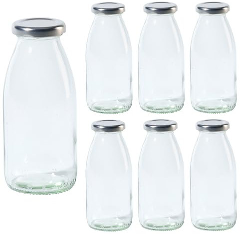 Vitrea 6 leere Glasflaschen 250ml Schraubverschluss Silber - Milchflaschen, Saftflaschen, kleine Flaschen zum Befüllen mit Deckel - für Milch, Saft, Smoothies, Öl - 6 Stück, TO43, Hansa