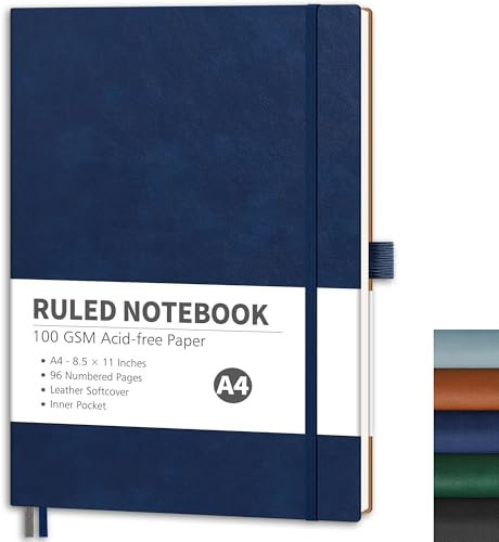RETTACY Notizbuch Liniert A4, Leichtes Journal Tagebuch mit 96 nummerierten Seiten,100gsm Notizbücher, Innentasche, hochwertigem Softcover für Büro Schule Arbeit Frauen Männer, 21.5 x 27.9cm - Blau