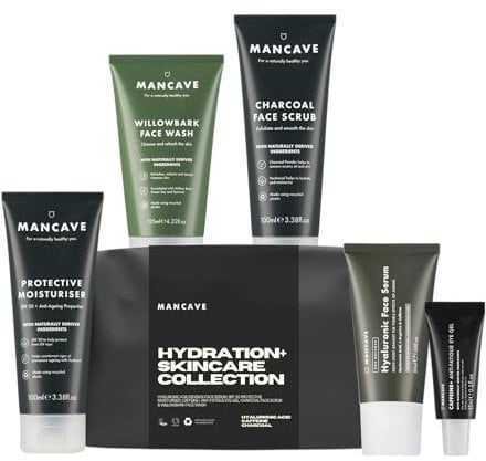 ManCave Hydration Skincare Collection, Bolsa de aseo para hombr, crema hidratante facial hombre, limpiador facial, exfoliante de carbón, gel para ojos, suero de ácido hialurónico, kit facial hombre
