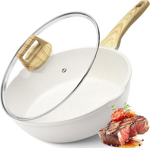 GiPP freidora antiadherente - sartén con tapa de granito blanco 3.6L, boca abajo, mantenga las manos frescas y no pegajosa olla de cocina no tóxica Skillet (Blanco, 24cm)