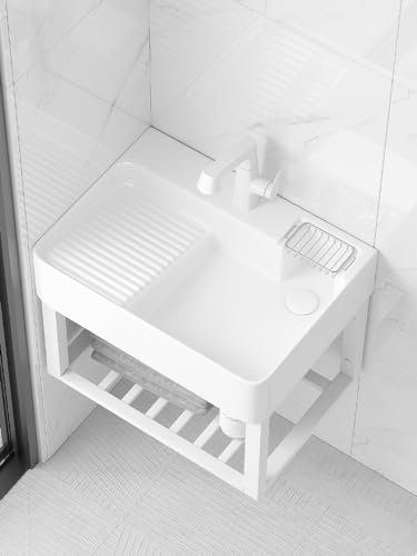 Lavatoio ceramica，vasca da bagno o lavelli da cucina，lavabo lavanderia，lavandino da esterno，Con rubinetto, asse per lavare e staffa in acciaio inossidabile, adatto per bagno, toilette, ristorante, cam