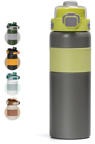 pluseight Insulated Water Bottle 800ml (27oz) with Straw and Lid Stainless Steel Sports Water Bottles, Leak Proof, Flip Lid, Carry Handle for Gym, Travel, Sports (Grey)