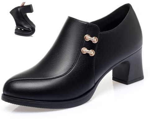 AMOUSDRDR Stivali ortopedici da donna in vera pelle, mocassini con cerniera laterale e tacco alto, eleganti scarpe in pelle con tacco a blocco (nero, 40EU)