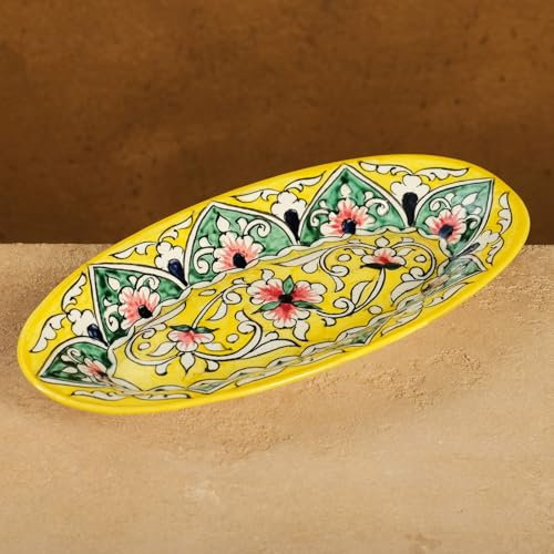 Plato ovalado de cerámica hecho a mano de 9.5 pulgadas, adorno floral amarillo, plato esmaltado uzbeko de cerámica nacional Rishan, vajilla de cocina inspirada en Oriente Medio