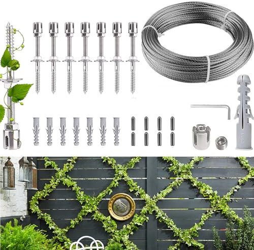 TOOSOAR Plante Grimpante Cadre Support Treillis Plantes Grimpantes,Kit Système de Câbles Métalliques pour Plantes(8 Supports, 12m de Câble)